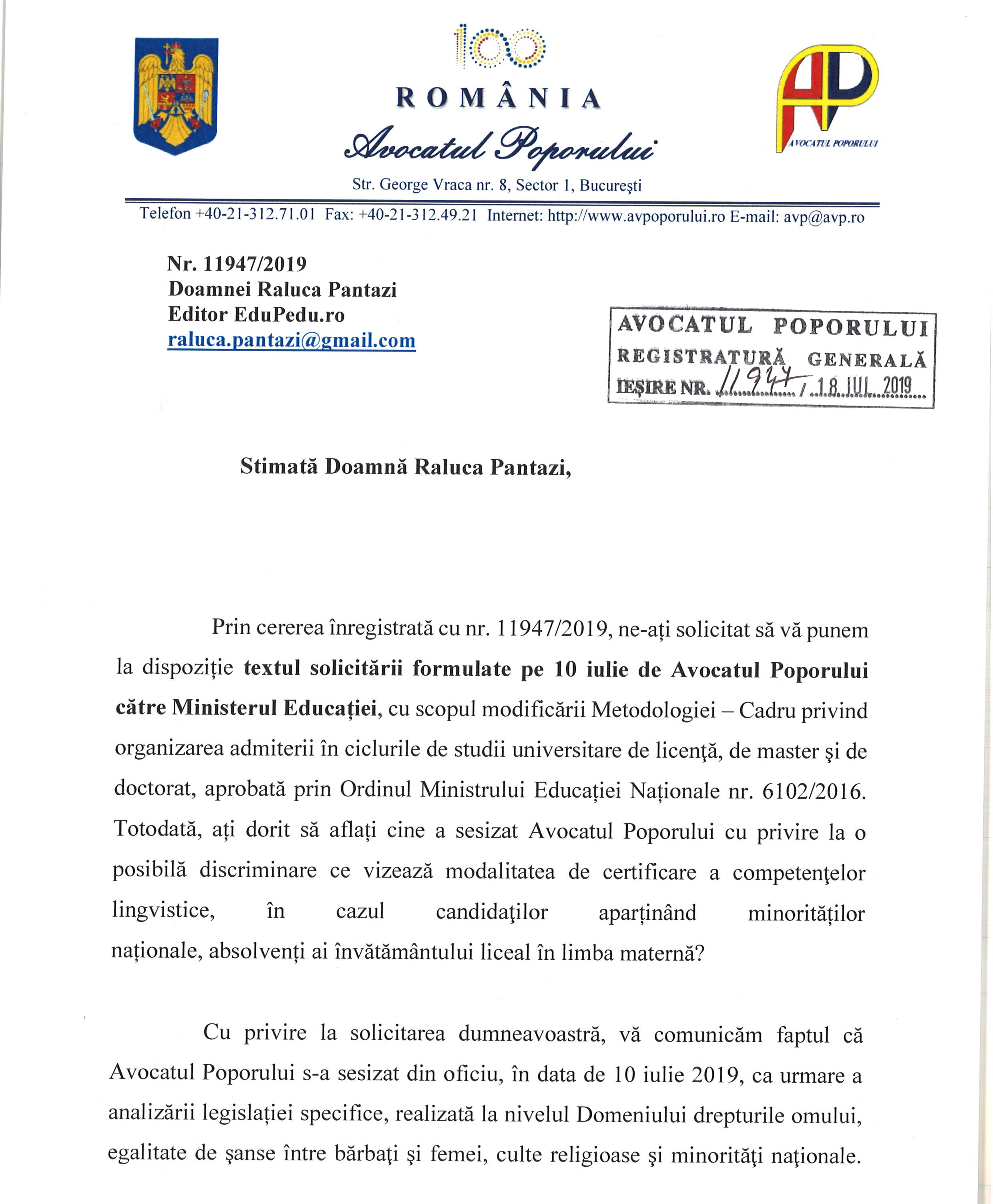 Amazing Please Behalf EXCLUSIV Avocatul Poporului îi cere lui Andronescu să schimbe regulile de  admitere la facultate, care ar discrimina minoritățile (document) -  Edupedu.ro