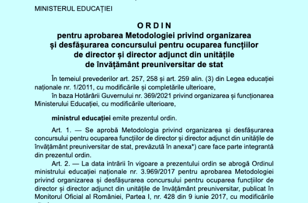 OFICIAL Metodologia pentru concursul directori fost publicată / Bibliografia pentru examen va fi anunțată o lună înaintea probei scrise - Edupedu.ro