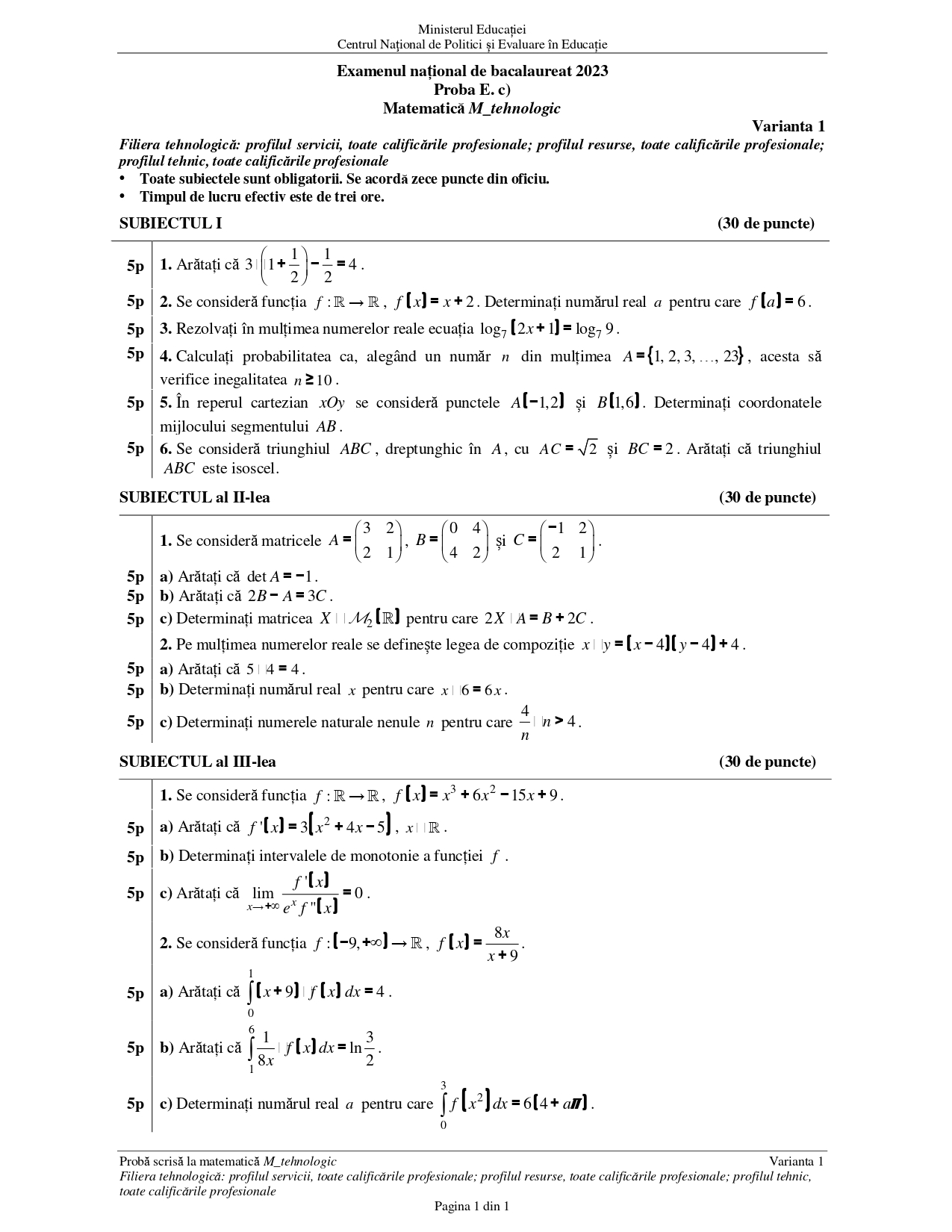 Baremul la Matematică – Tehnologic, BAC 2023, publicat de Ministerul ...